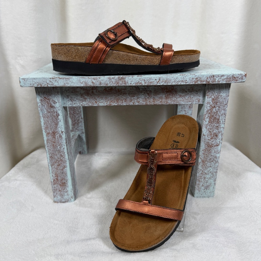 Naot Malibu Women 38 Copper Metallic Beaded T-Strap Cork Footbed‎ Sandals